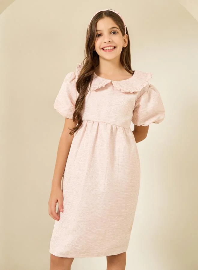 Styli Teen Girls Jacquard Dress with Peter Pan Collar